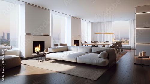 A chic living room in a high-rise apartment with a cozy fireplace  stunning city skyline view  minimalist interior  and a sleek dining table with chairs  photorealistic illustration  Generative AI