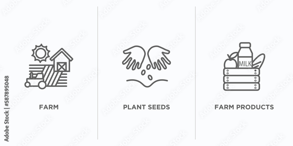 agriculture farming outline icons set. thin line icons such as farm, plant seeds, farm products vector. linear icon sheet can be used web and mobile