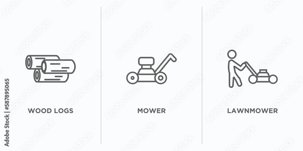 agriculture farming outline icons set. thin line icons such as wood logs, mower, lawnmower vector. linear icon sheet can be used web and mobile agriculture farming outline icons set. thin line icons such as wood logs, mower, lawnmower vector. linear icon sheet can be used web and mobile