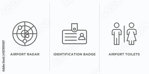 airport terminal outline icons set. thin line icons such as airport radar, identification badge, airport toilets vector. linear icon sheet can be used web and mobile