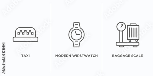 airport terminal outline icons set. thin line icons such as taxi, modern wirstwatch, baggage scale vector. linear icon sheet can be used web and mobile