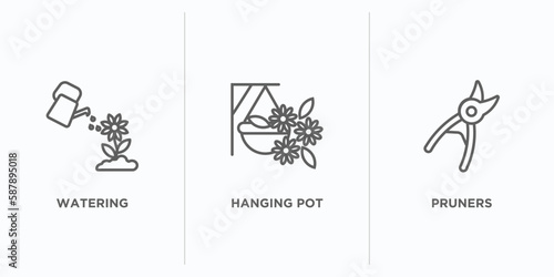 agriculture farming outline icons set. thin line icons such as watering, hanging pot, pruners vector. linear icon sheet can be used web and mobile