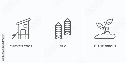 agriculture farming outline icons set. thin line icons such as chicken coop, silo, plant sprout vector. linear icon sheet can be used web and mobile