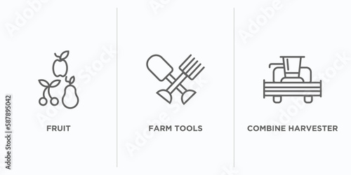 agriculture farming outline icons set. thin line icons such as fruit, farm tools, combine harvester vector. linear icon sheet can be used web and mobile