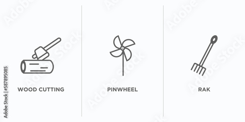 farming outline icons set. thin line icons such as wood cutting, pinwheel, rak vector. linear icon sheet can be used web and mobile