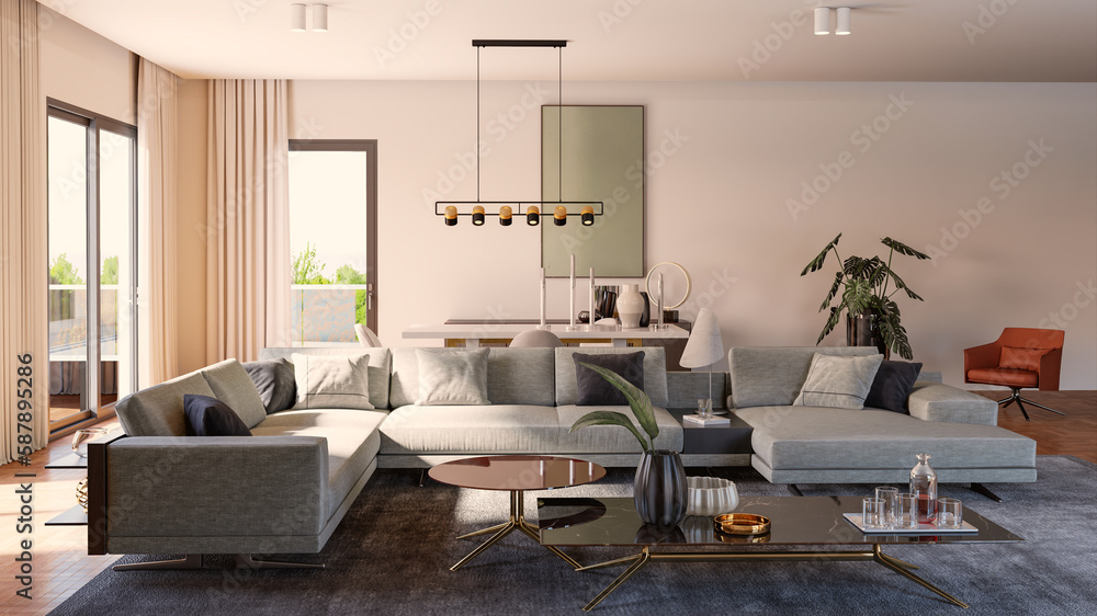 Large luxury modern bright interiors Living room mockup illustration 3D rendering computer digitally generated image Large luxury modern bright interiors Living room mockup illustration 3D rendering computer digitally generated image