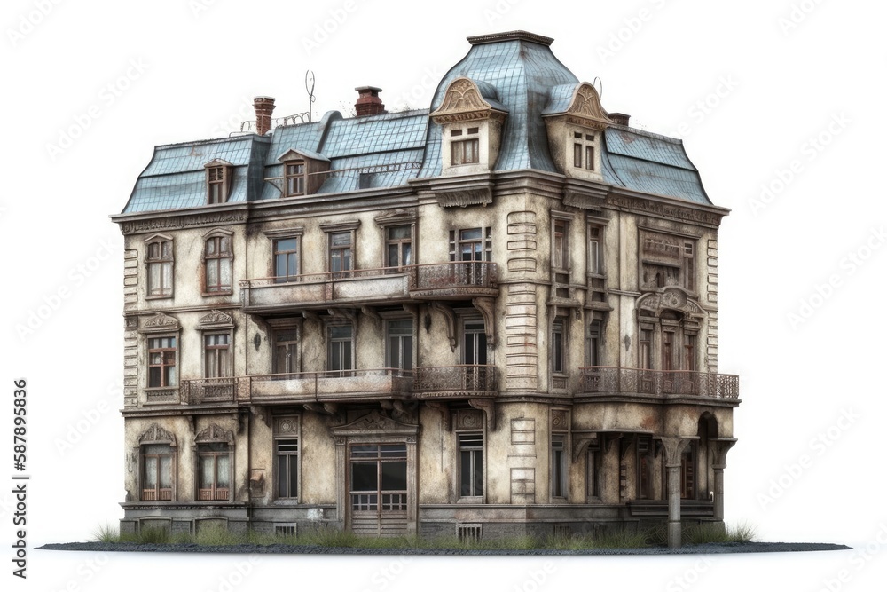 Illustration of an old building with a blue roof and windows. Generative AI