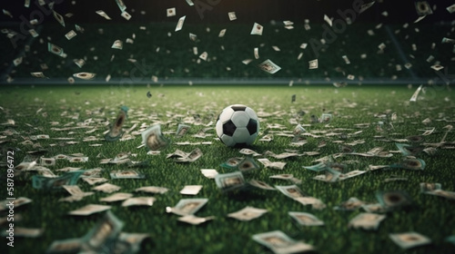 Banknotes falling on the soccer field Generated AI