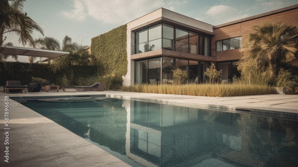 Fototapeta premium A modern villa with a sleek design and a stunning southeast view of the pool and luxury garden, captured in a photograph with natural lighting and a blue sky background.