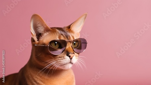This closeup portrait showcases the stylish and fashionable side of a British Shorthair cat wearing sunglasses. The cat's sleek and sophisticated look is emphasized by the sunglasses, which add a touc