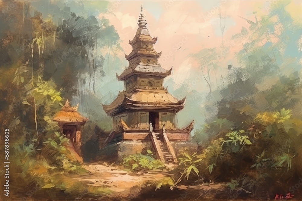 Fototapeta premium serene pagoda nestled in a lush forest setting. Generative AI