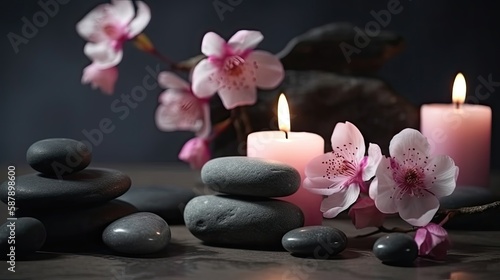 Sakura cherry blossoms candles and stacked stones. Generative AI