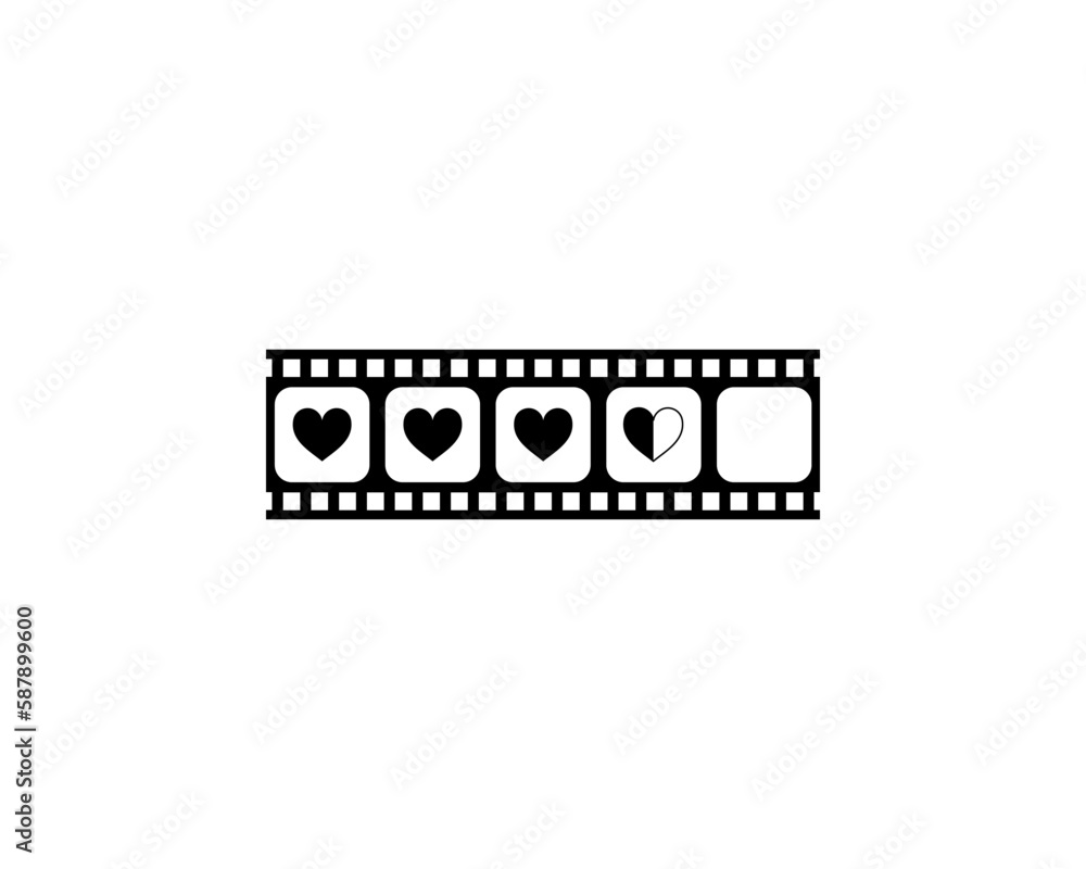 Heart Shape in the Filmstrip Silhouette, Movie Sign for Romantic or Romance or Valentine Series, Love or Like Rating Level Icon Symbol for Romanticism Movie Story. Vector Illustration Heart Shape in the Filmstrip Silhouette, Movie Sign for Romantic or Romance or Valentine Series, Love or Like Rating Level Icon Symbol for Romanticism Movie Story. Vector Illustration