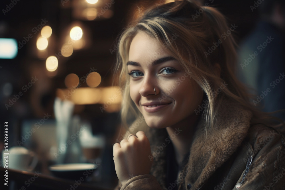A girl in a cafe with a light on her face AI generation