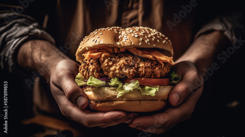 Fast food and diet. Hands hold the chicken. Generated AI