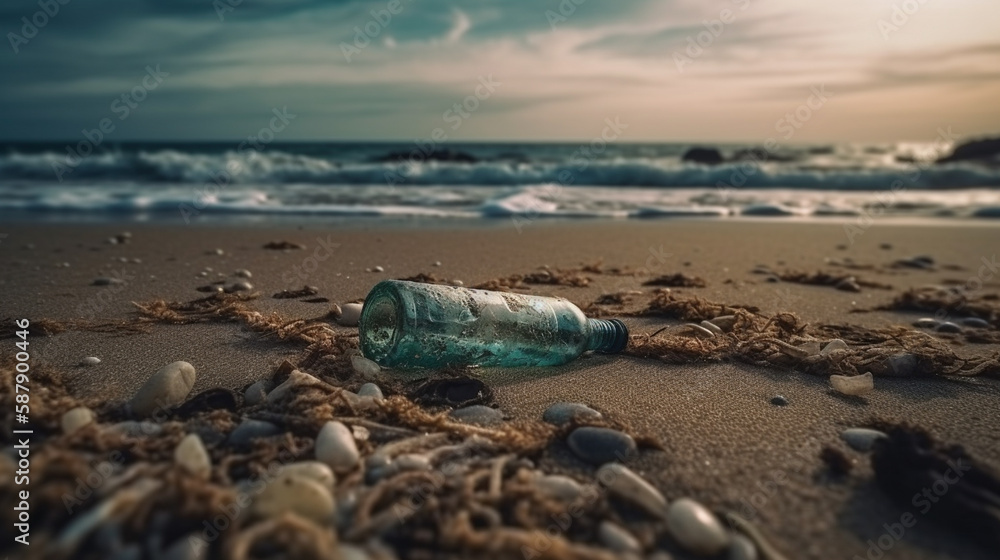 Garbage in the sea with plastic bottle on beach sandy dirty sea on the island Generated AI