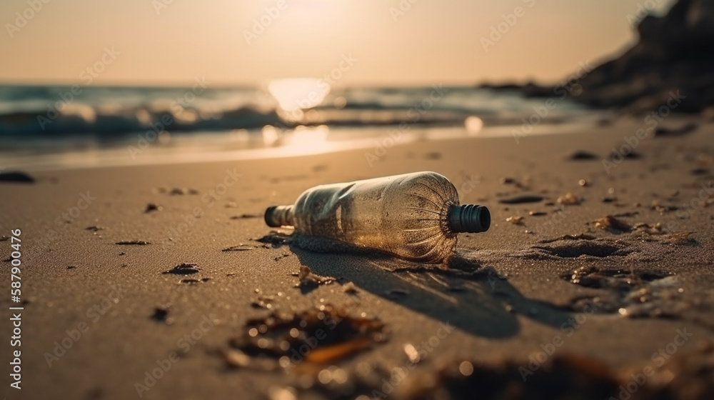 Obraz premium Garbage in the sea with plastic bottle on beach sandy dirty sea on the island Generated AI