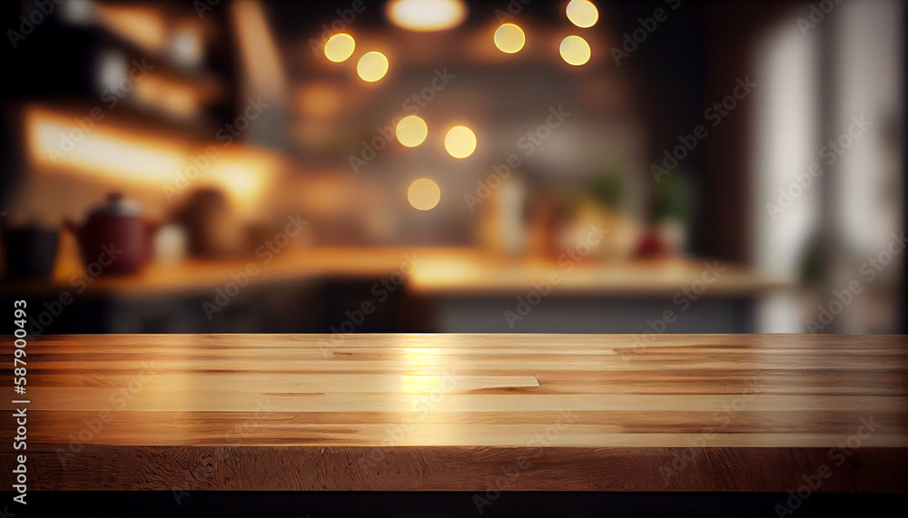 Rustic Farmhouse Kitchen - Empty Wooden Table with Out-of-Focus Lights Bokeh (Generative AI)