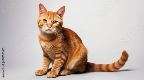 This breathtaking image showcases a red cat sitting on a white surface, with a sense of stillness and serenity emanating from its posture and gaze