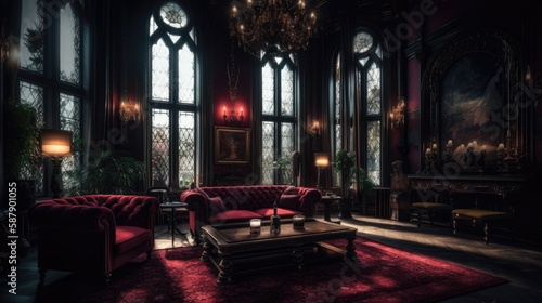 This Gothic-inspired living room exudes a dark and mysterious ambiance, with intricate details and elegant touches