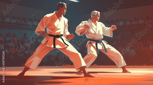 Karate fighters on tatami fighting championship Generated AI