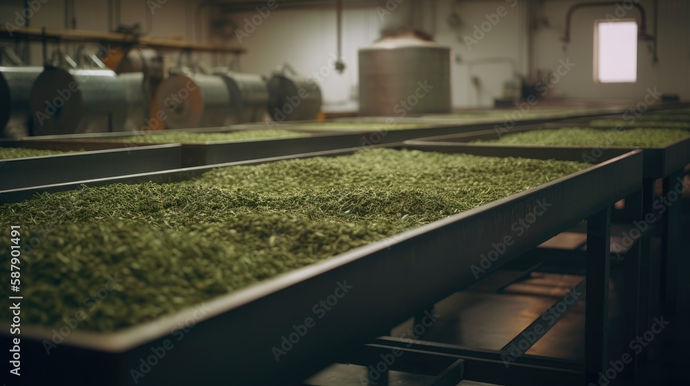 This stunning image showcases the inner workings of a modern herbal tea production facility, with gleaming stainless steel machinery and workers carefully monitoring the production process.