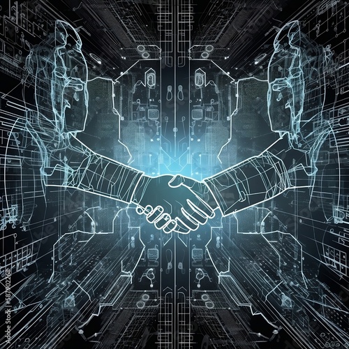Two Businessman Handshakes in Future AI Technology Industry. Taking Business Decision For The Business Growth
