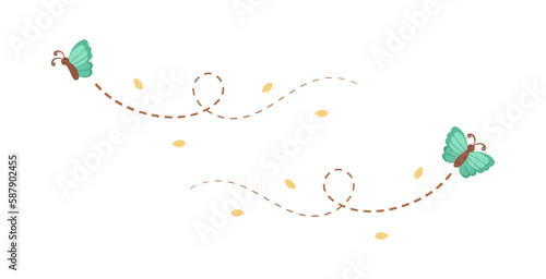 Flying Butterfly trail with dashed line route set. Nature Spring Summer Doodle Illustration Design Element