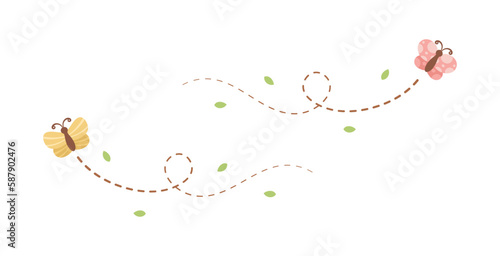 Flying Butterfly trail with dashed line route set. Nature Spring Summer Doodle Illustration Design Element