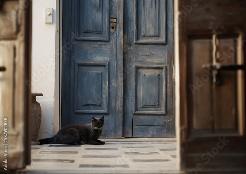 black cat in front of an old blue door. AI generated.