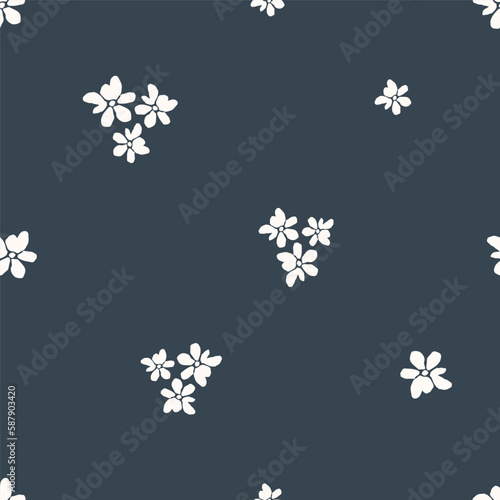 Simple floral vector seamless pattern. Light flowers on a dark blue background. For printing on fabric, textile, clothing, men's shirt.