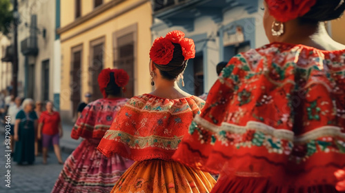 Colorful skirts fly during traditional Mexican dancing. Generative AI