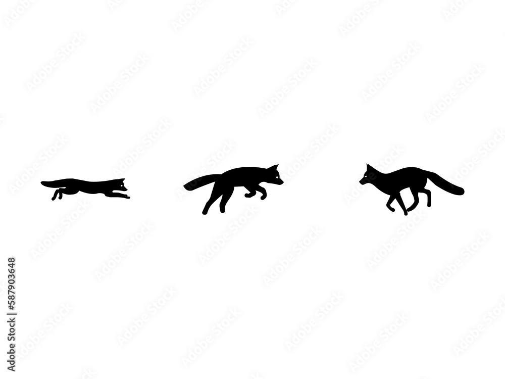 Fox silhouette. Set. Vector illustration isolated on white background. Fox icon graphic design vector illustration .fast black white jump fox run unique logo icon design vector Animal Logo Silhouette.