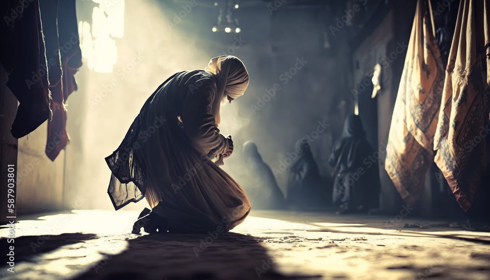 Fototapeta premium Silhouette of muslim man having worship and praying for fasting and Eid of Islam culture in old mosque. Generative AI