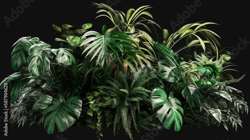 Tropical leaves foliage plants bush floral arrangement nature backdrop on black background Generated AI