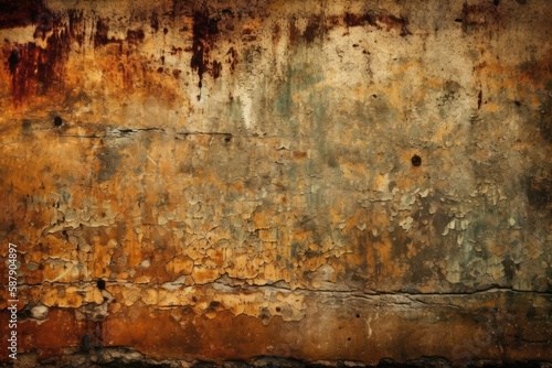 rusty wall with a bright red fire hydrant in the foreground. Generative AI