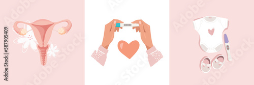  Modern Pregnancy banner, woman holding a positive pregnancy test, baby clothes, female uterus. Set of vector flat illustrations about motherhood and parenthood.