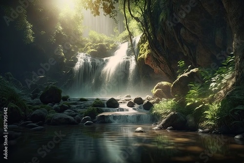 beautiful nature background with waterfall and forest.Generative ai