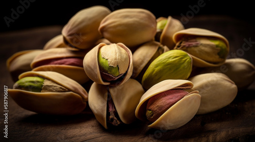 Pistachio nuts background. Close up Generated AI