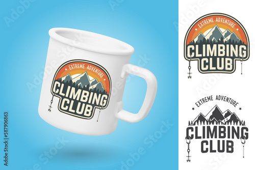 White camping cup. Realistic mug mockup template with sample design. Climbing Club badge. Vector. Vintage typography design with carabiners, climbing cams, hexes and mountain silhouette. Extreme