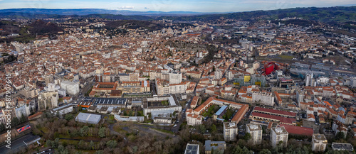 Aerial around the city Saint-Etienne in France on a sunny morning in spring.