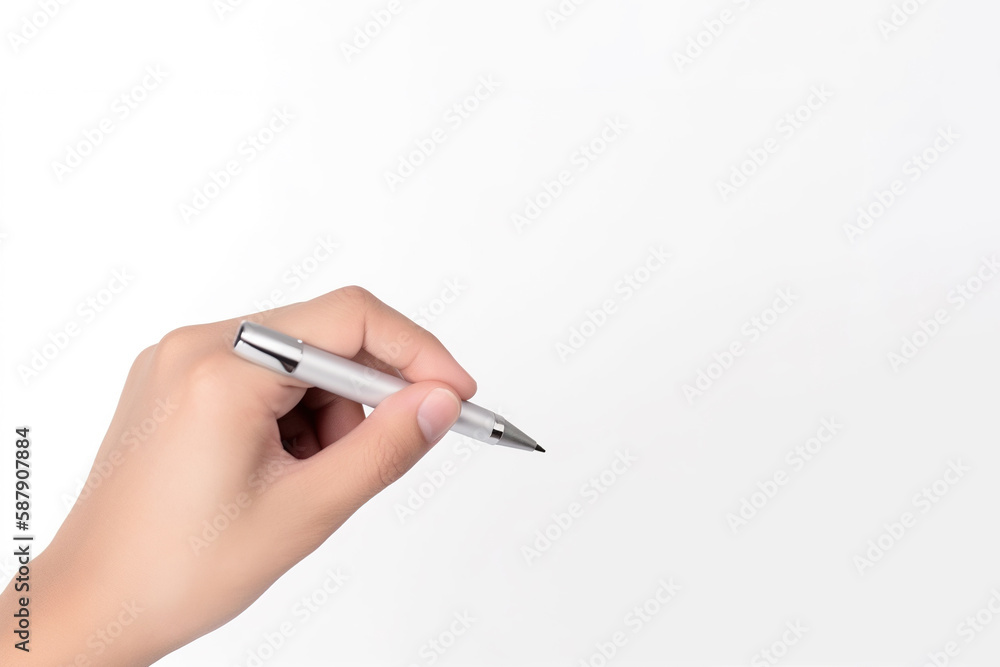 Close-up of hand holding a pen to write on white background. Created with Generative AI Technology Close-up of hand holding a pen to write on white background. Created with Generative AI Technology