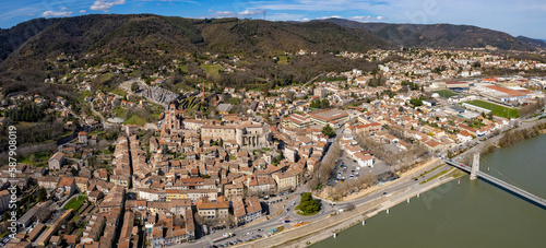 Aerial of the old town La Voulte-sur-Rhone on a sunny day in spring.
