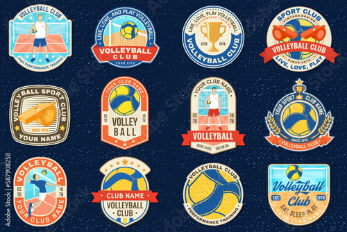 Set of Volleyball club emblem, patch, sticker. Vector illustration. For college league sport club emblem, sign, logo. Vintage label, sticker, patch with volleyball ball, player silhouettes.