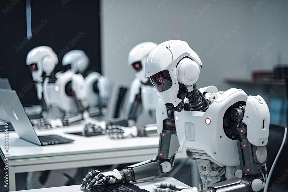 Conceptual image of Robots working for Human, Artificial intelligence, AI Drawing Robot, Generative AI Technology Conceptual image of Robots working for Human, Artificial intelligence, AI Drawing Robot, Generative AI Technology