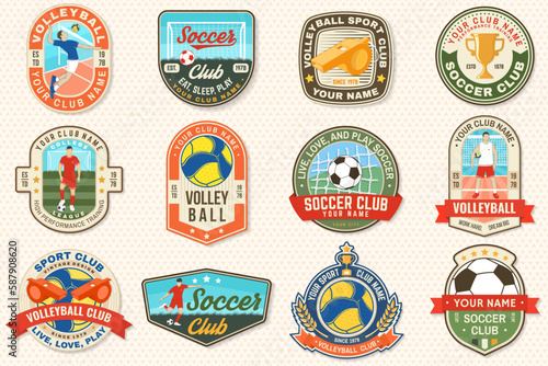 Set of Volleyball club and soccer club emblem, patch, sticker. Vector illustration. For college league sport club emblem, sign, logo. Vintage label, sticker, patch with volleyball ball, player