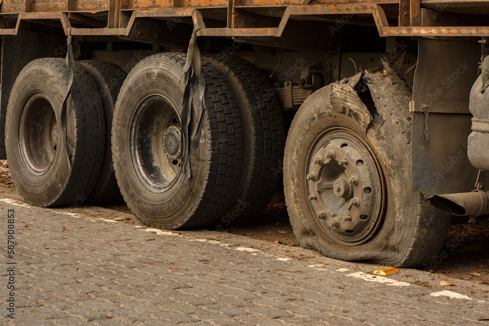 16th March, 2023, Kaziranga, Assam, India: Flat tire on the road