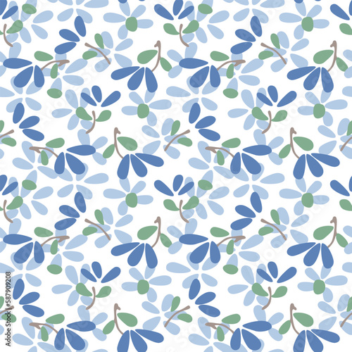 Japanese Pretty Blue Flower Fall Vector Seamless Pattern 