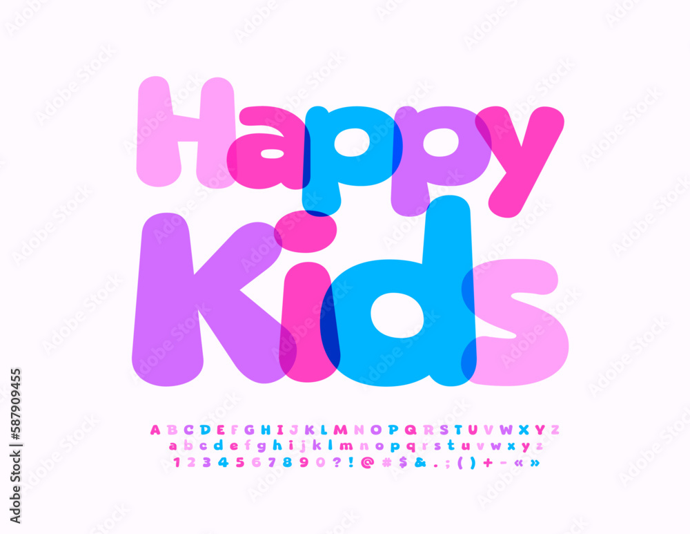 Vector playful banner Happy Kids with watercolor Alphabet Letters, Numbers and Symbols set. Creative childish Font