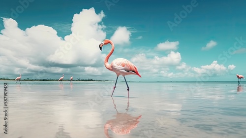 Flamingo walking on tropical beach with blue sky. Generative AI